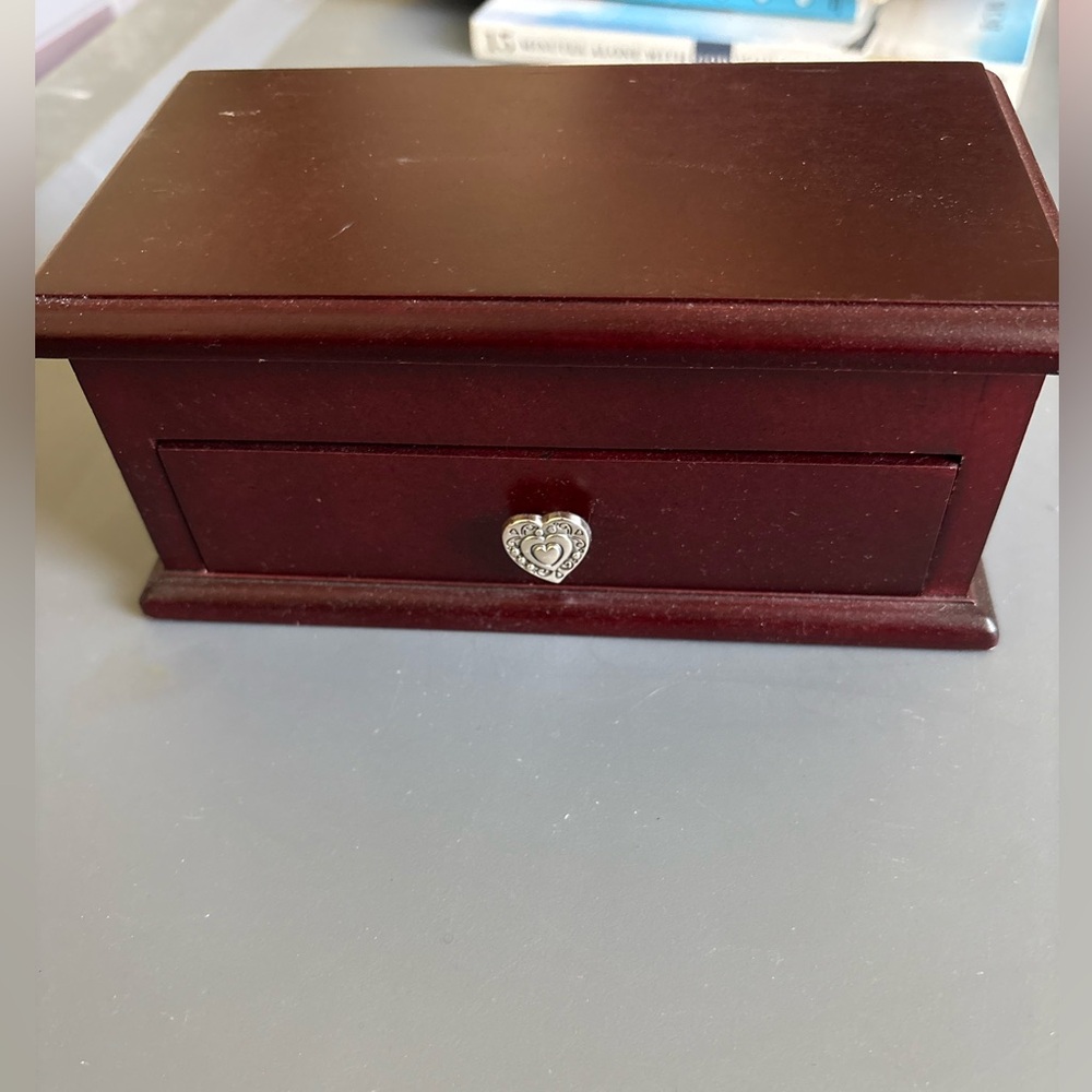 Brighton Mahogany Wood Jewelry Box Flip Top Lid Silver Accent Heart & One Drawer - Picture 2 of 7